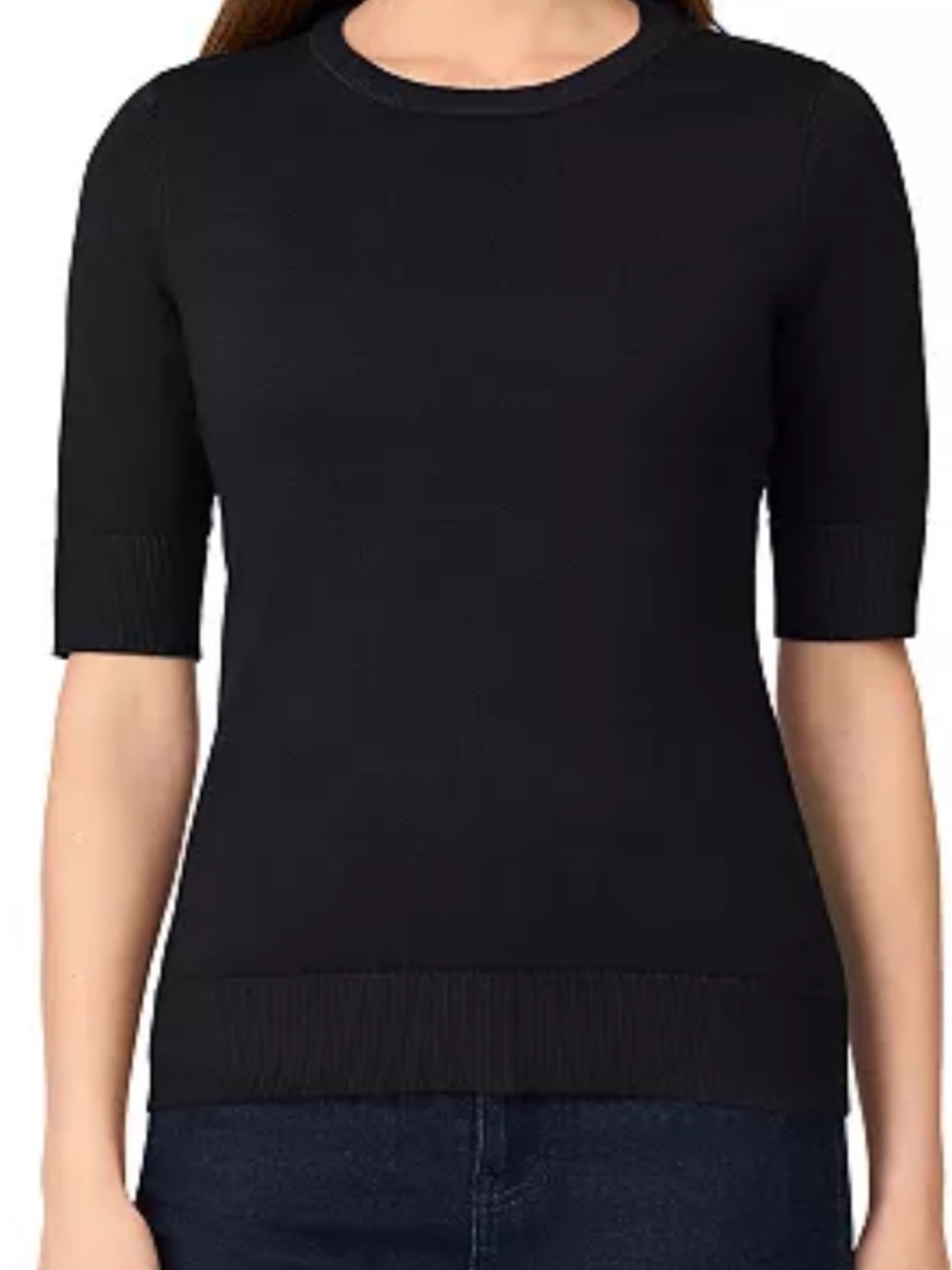 Sophisticated classic Crew-Neck Elbow-Sleeve Fine-Gauge Sweater black size large